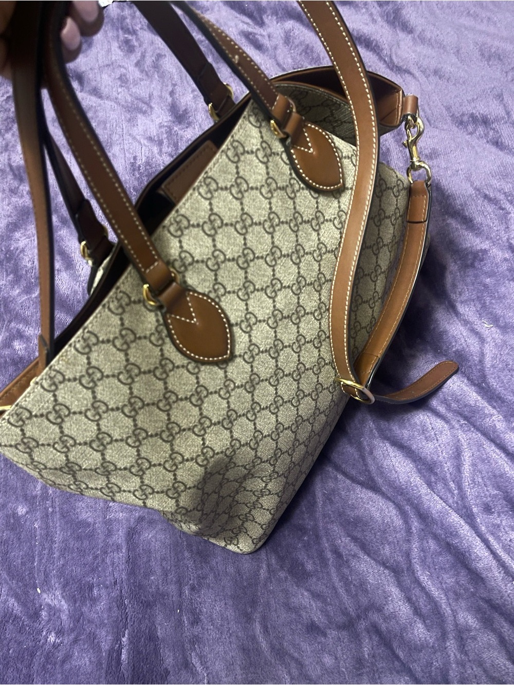 Gucci Beige Monogram Canvas Shoulder Bag with Brown Leather Trim